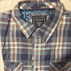 Guess Men's Blue and Orange Plaid Shirt